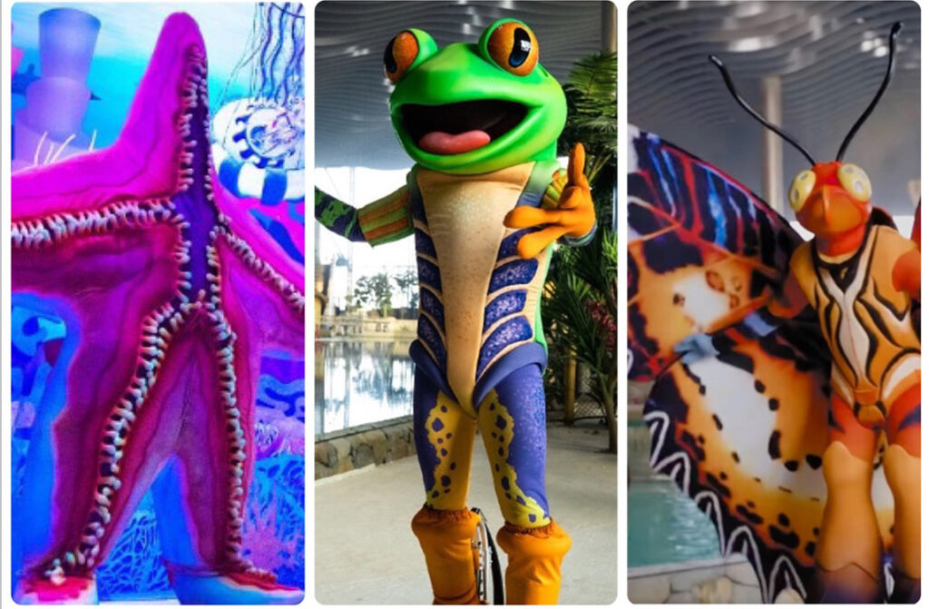 Actors dress as a starfish, a frog, and a moth at a theme park.
