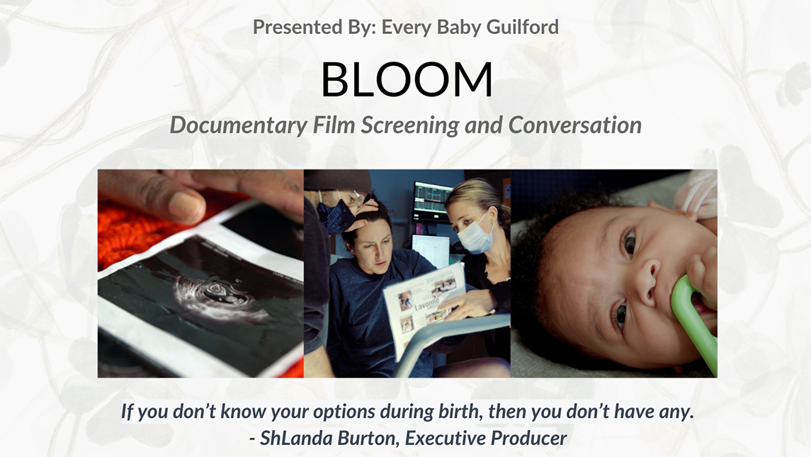 An ultrasound, a hospital room, and a newborn baby on a poster for the film "Bloom."