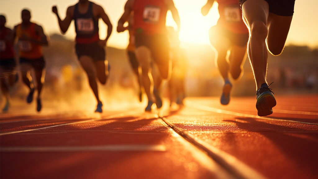 Athletes run along the track with the setting sun behind them.