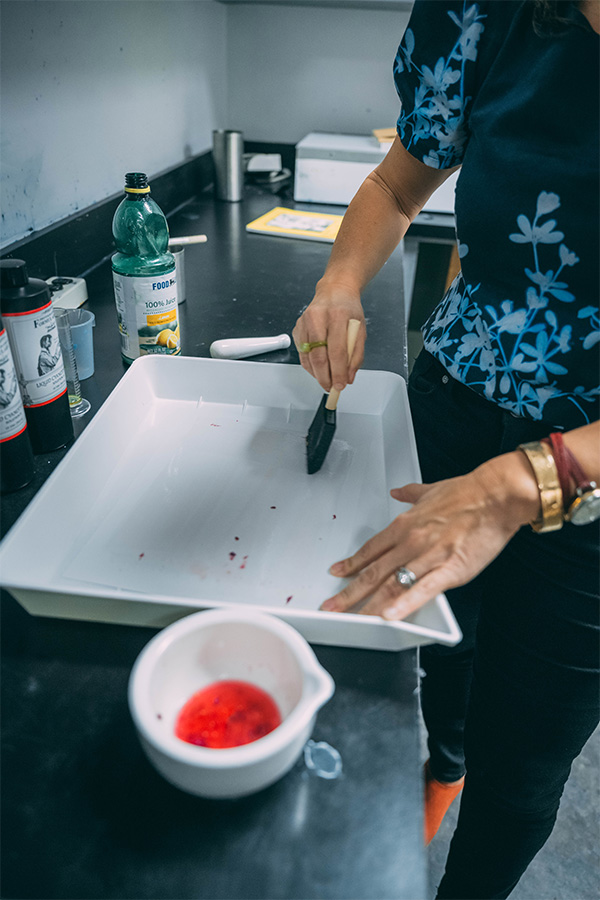 UNCG photography associate professor Leah Sobsey paints a canvas with a solution made of crushed flowers.