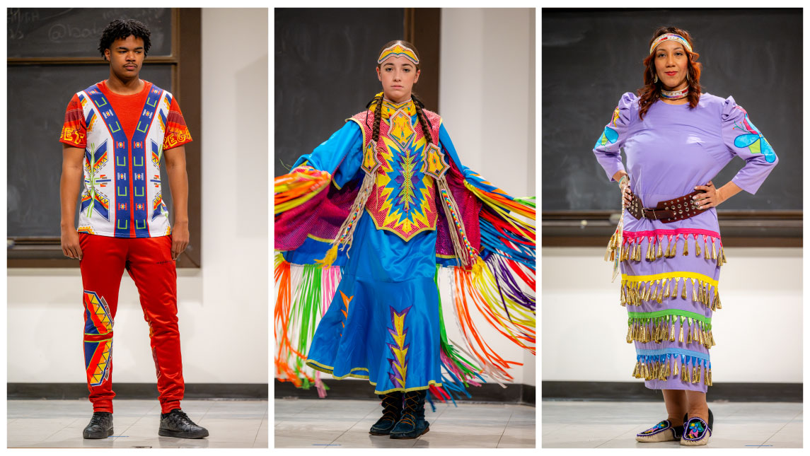 Three photos of the participants in the Native Fashion Show