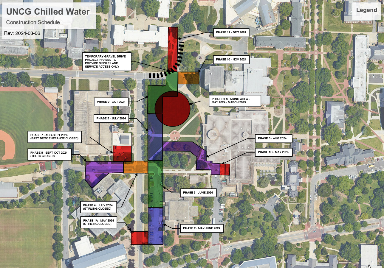 A map of UNCG campus shows the phases of the chilled water construction.