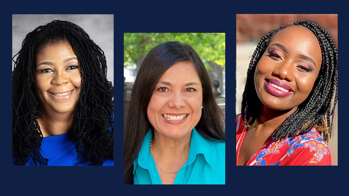 Headshots of Dr. Andrew Hunter, Margarita Kerkado, and Madeline Kerkado, a UNCG student.