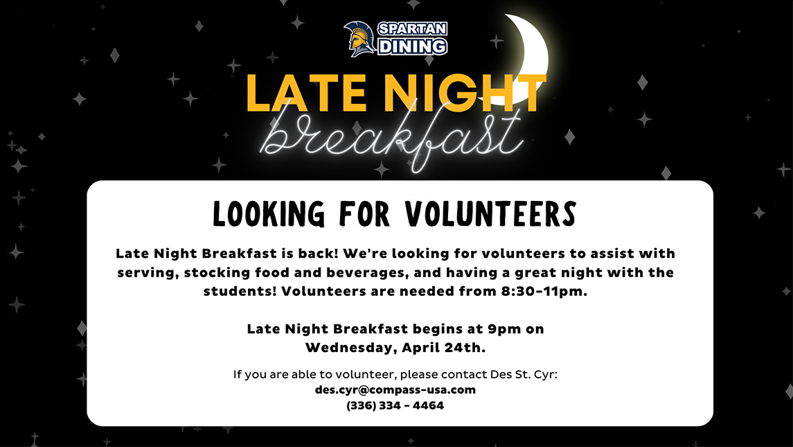 A poster for Late Night Breakfast at UNCG on April 24 at 9 p.m.