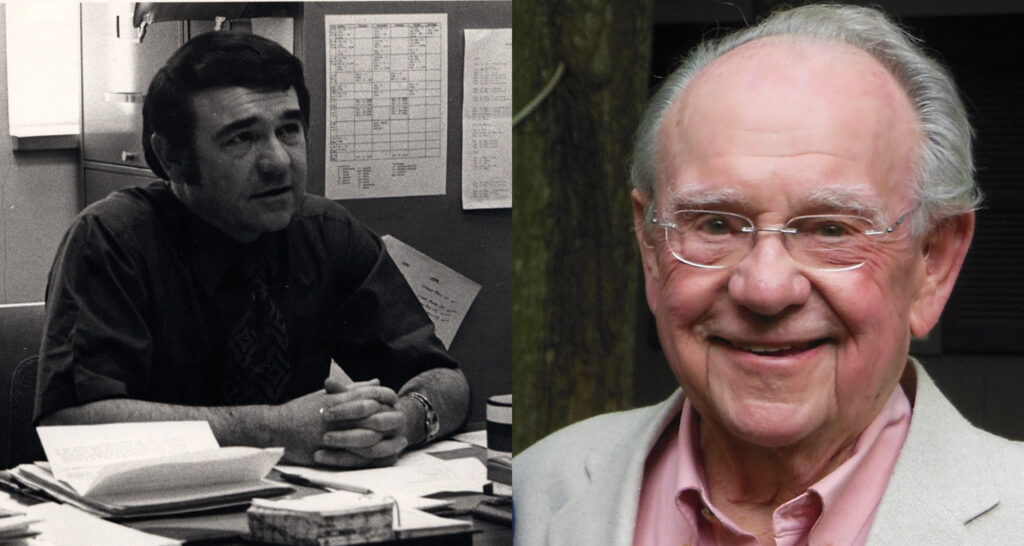 An old photo of a man at his desk paired with a recent headshot of the same man as an older gentleman.
