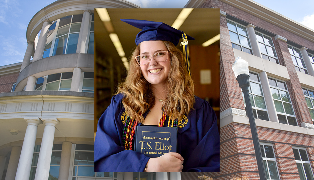 Student in a cap and gown holds a T.S. Eliot book in an inset shot over a background photo of UNCG's Humanities Building.