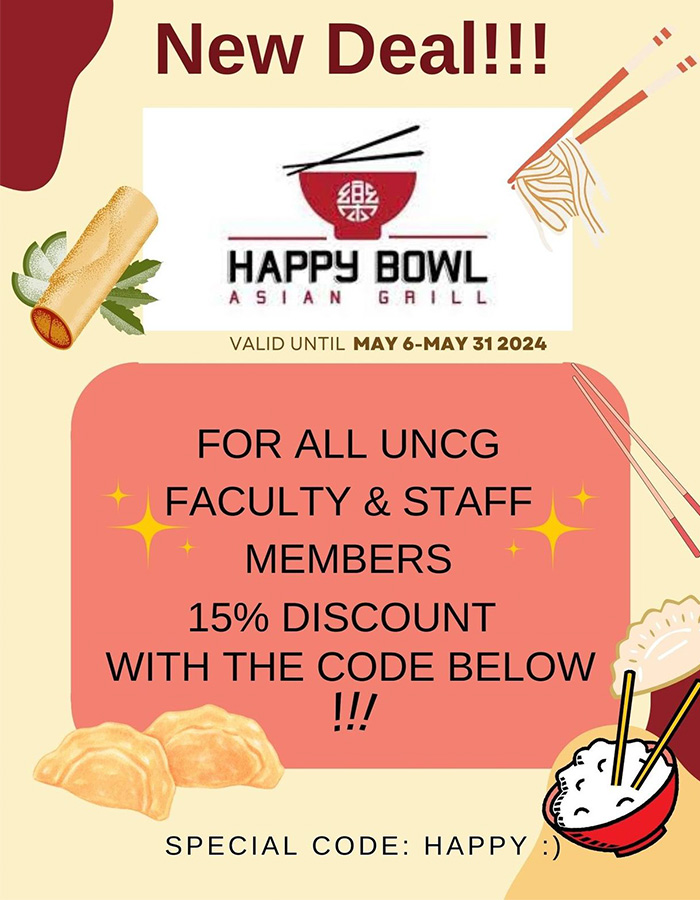 Poster promotes the food offered at Happy Bowl.