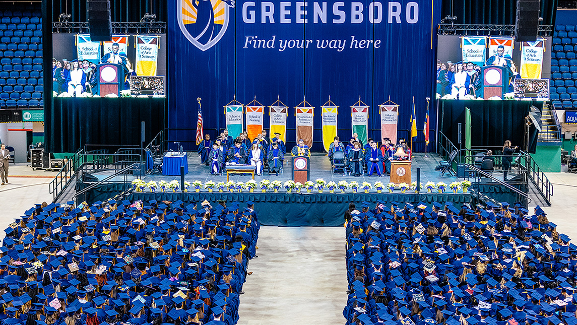 Overhead view of the UNCG graduates at Commencement.