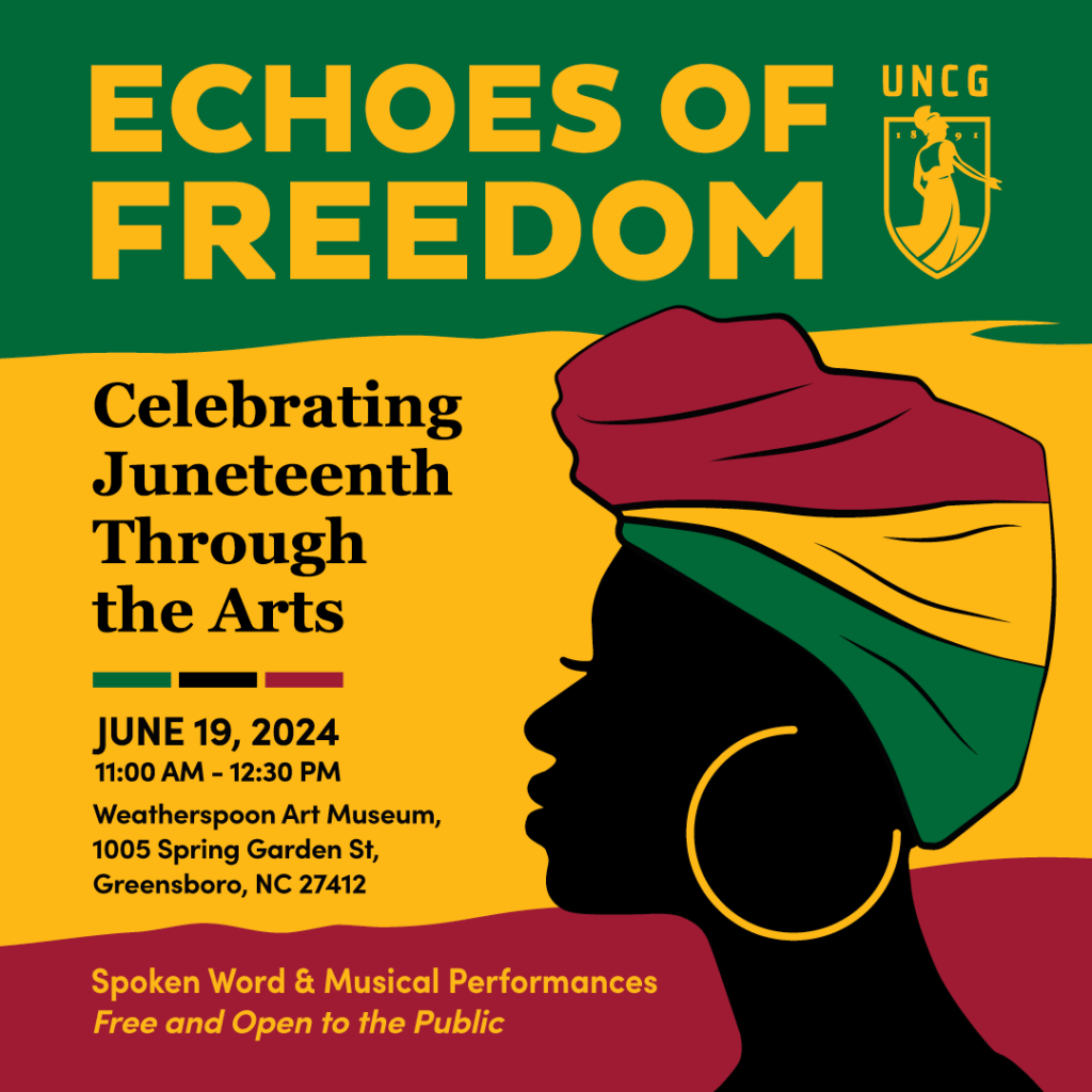 Graphic for Echoes of Freedom listing event details over green, yellow and red background and clip art of an African Woman's profile with head wrap and hoop earrings.