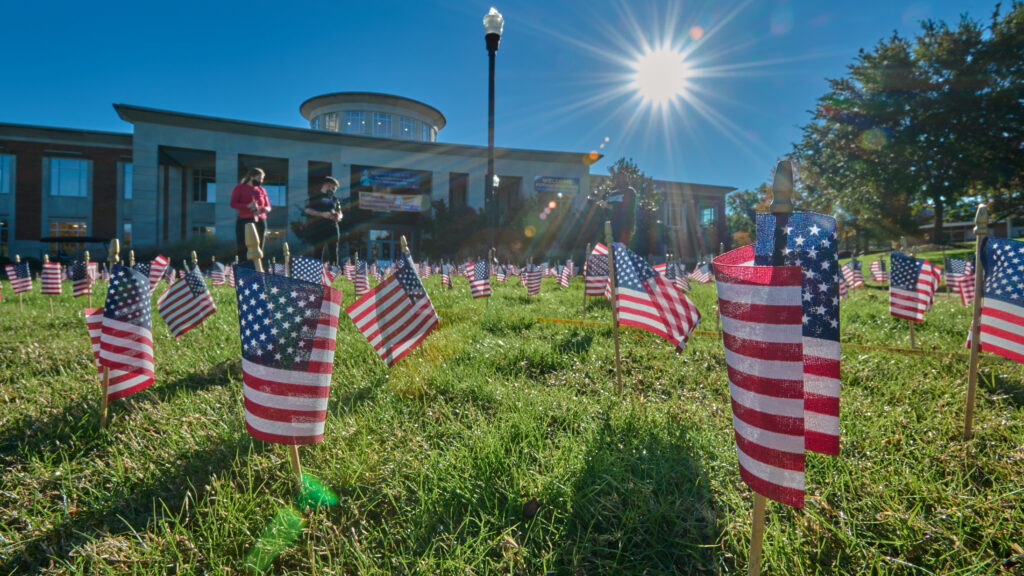 Tiny American flags cover the EUC lawn with the sun shining in the distance.