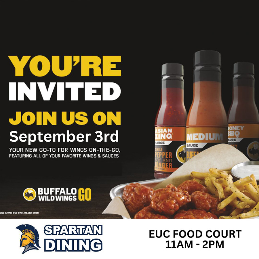 A promotional poster for Buffalo Wild Wings GO at UNCG and the grand opening ceremony on September 3.