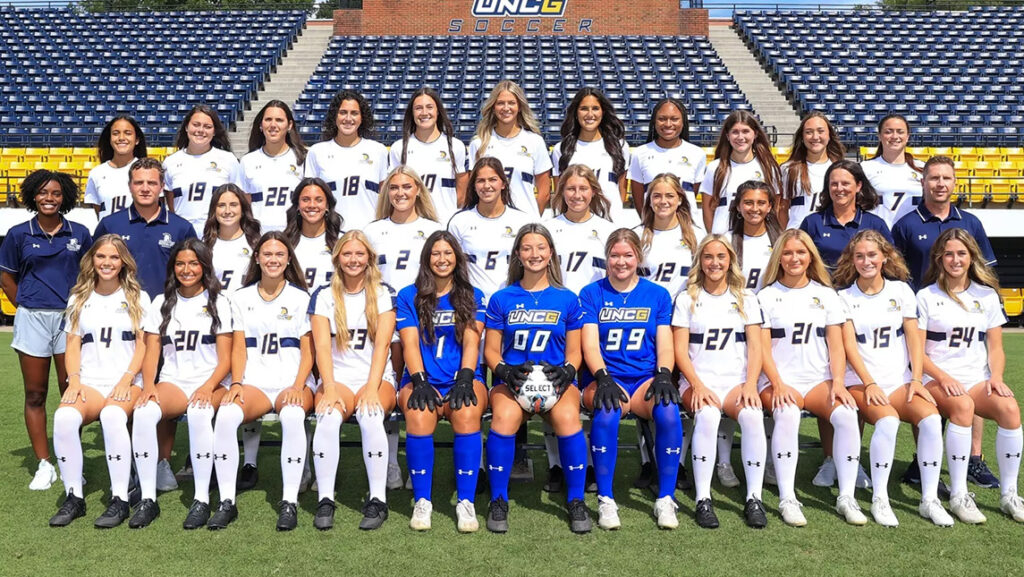 The team photo for the 2023-24 UNCG women's soccer roster.