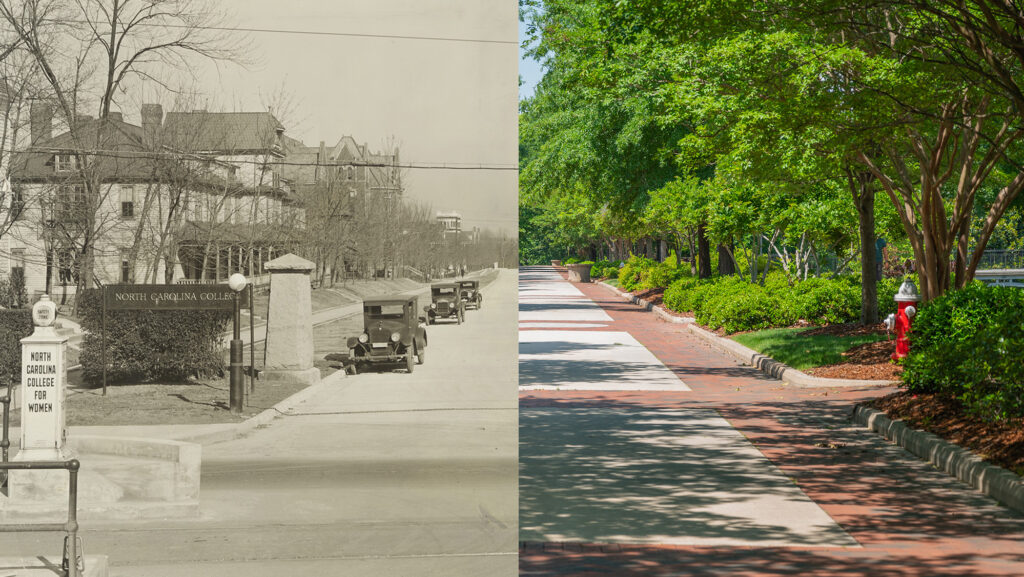 Side-by-side comparison of College Ave a hundred years apart.