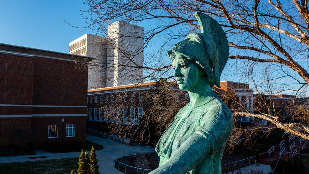 Close-up of the UNCG Minerva statue near the library.
