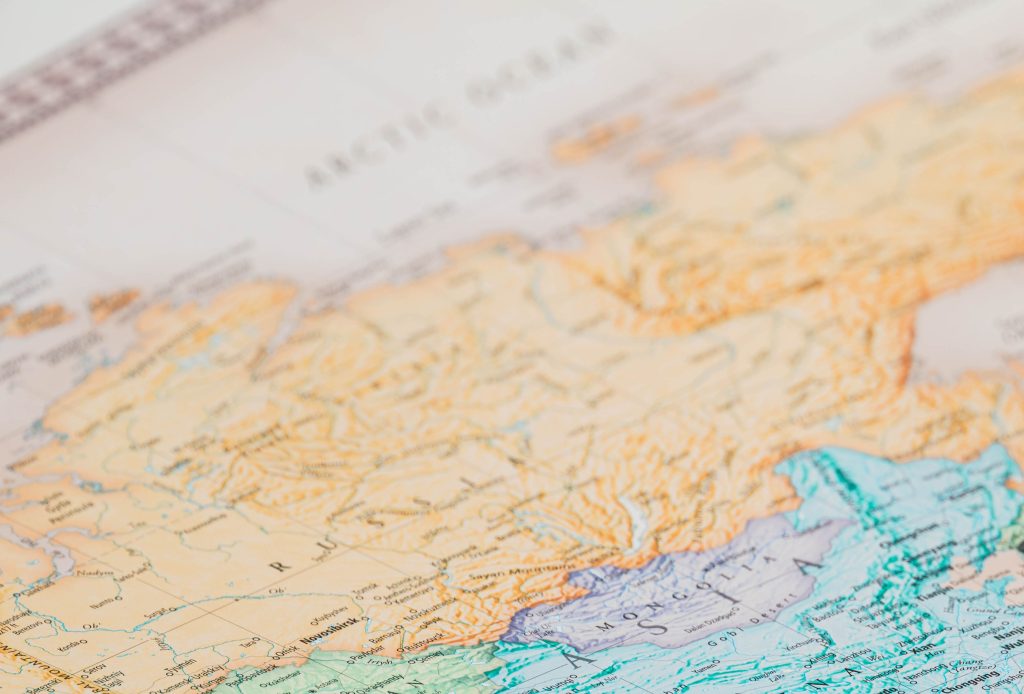 Closeup of paper map focused on Russia