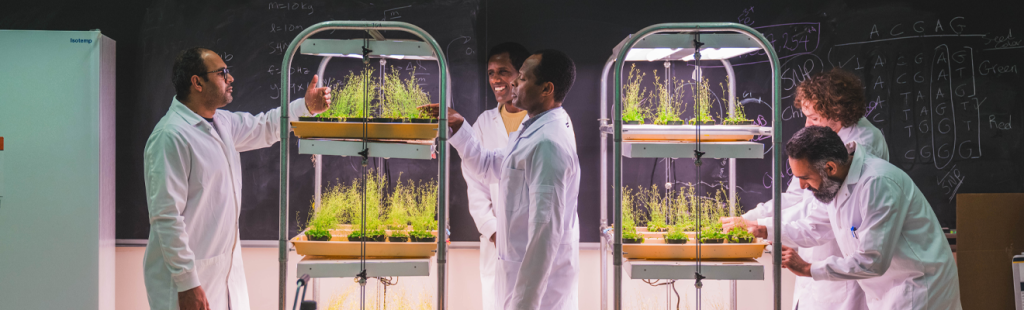A group of scientists in white lab coats examining two racks of plant specimen positioned in front of a chalk board.