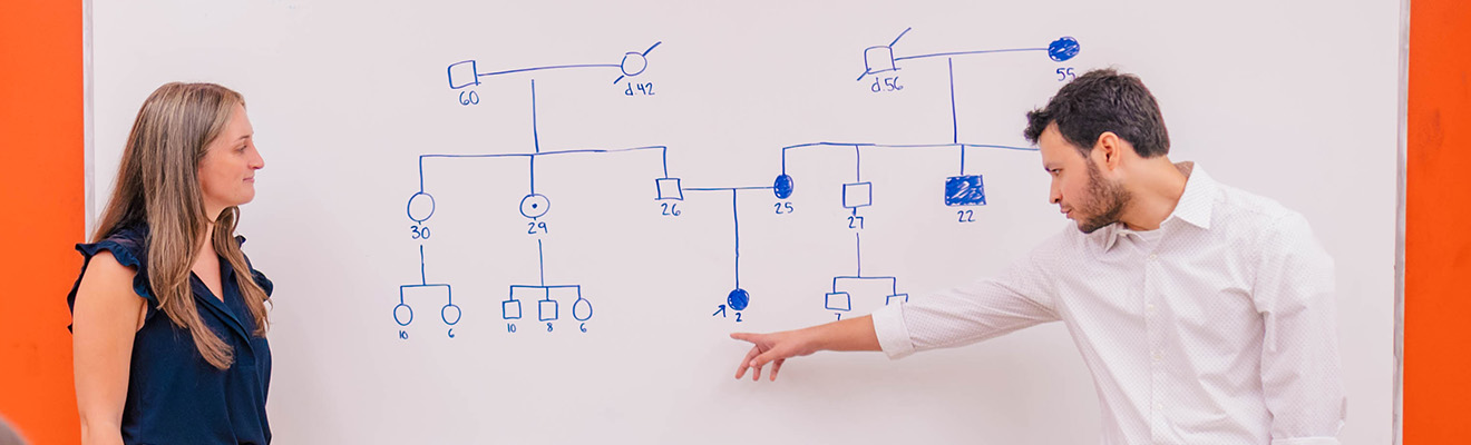 Two people point to genetic counseling data on a whiteboard.