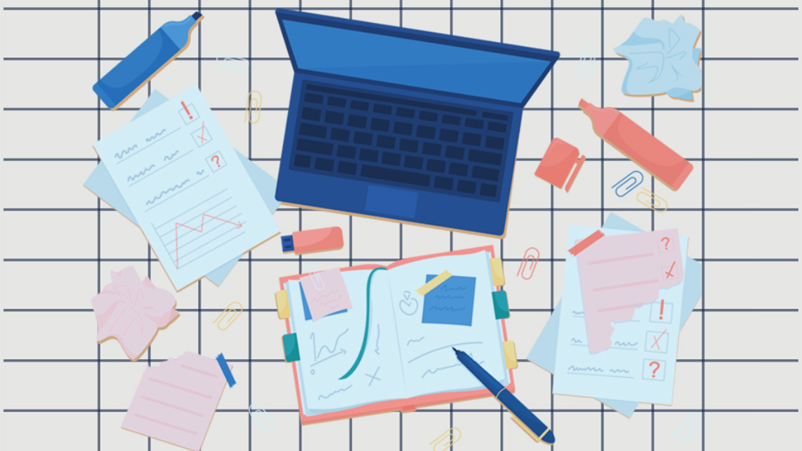 Graphic of papers surrounding a laptop.