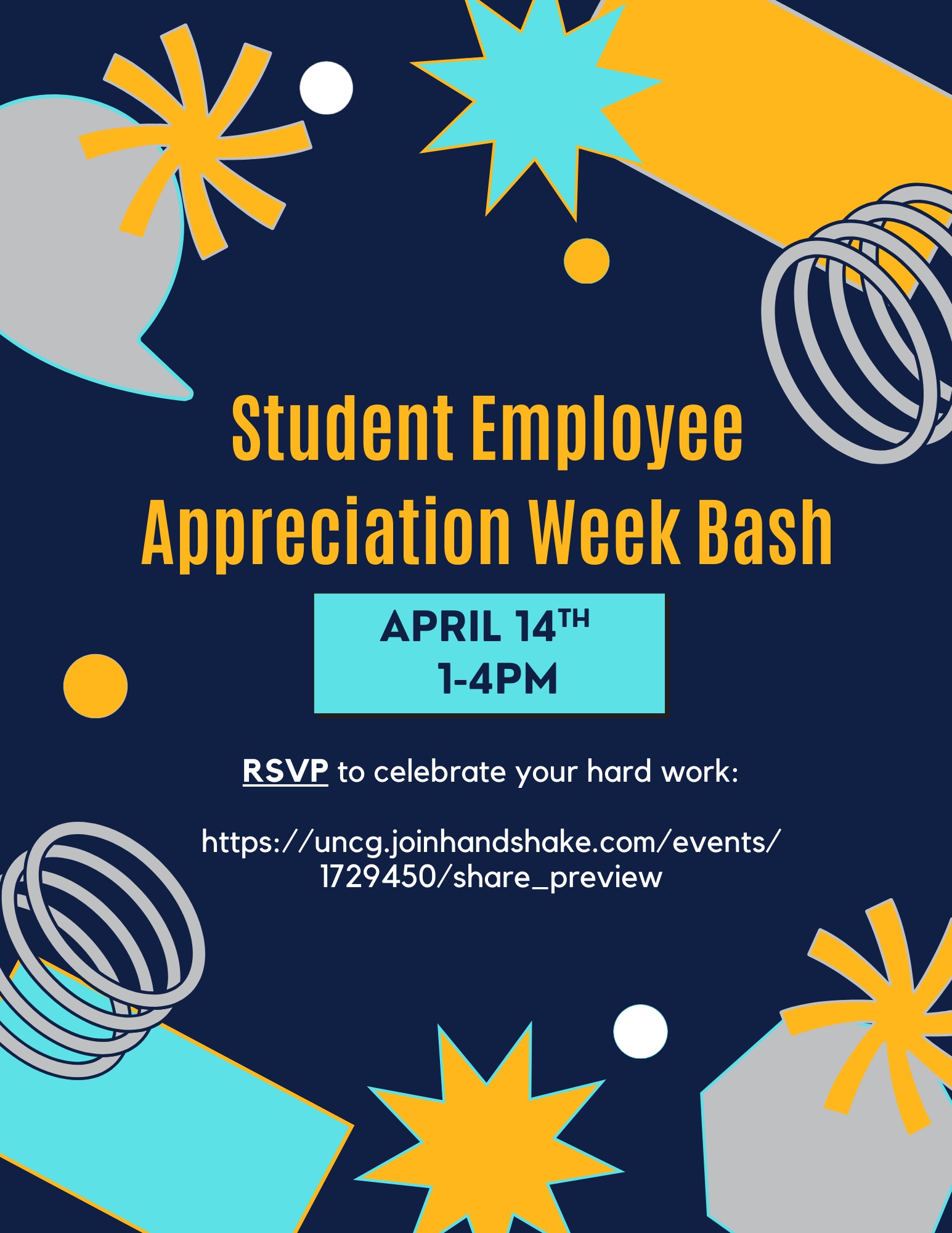 Poster for the Student Employee Appreciation Week Bash on April 14.