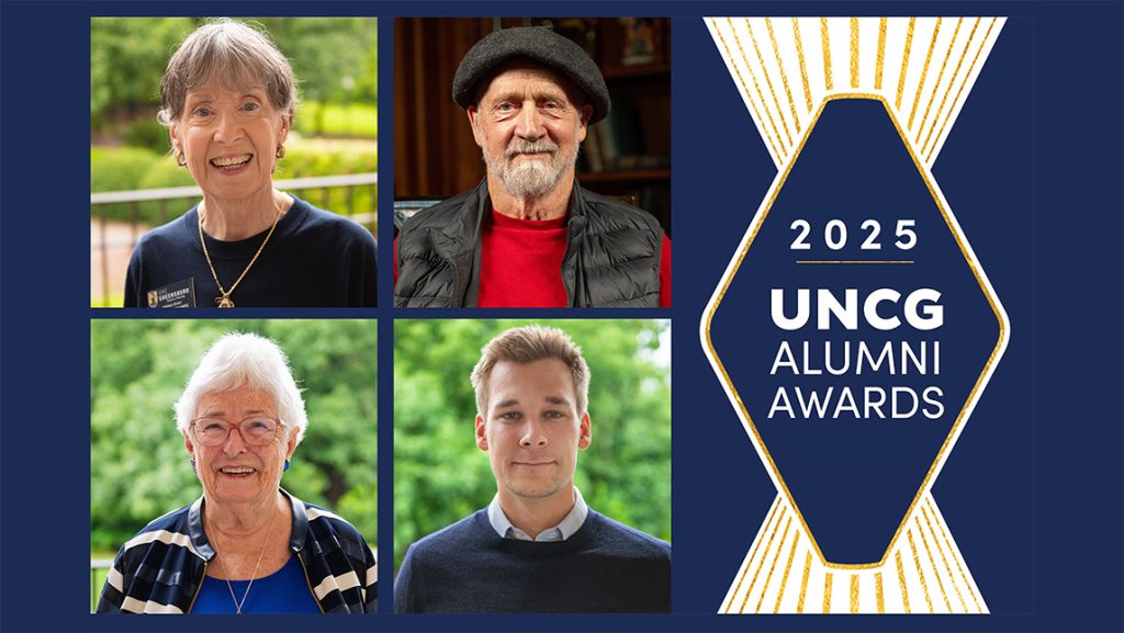 Headshots of UNCG alumni Bobbi Osguthorpe, Marion Prescott Wray, James Barnhill, and Lasse Palomaki.