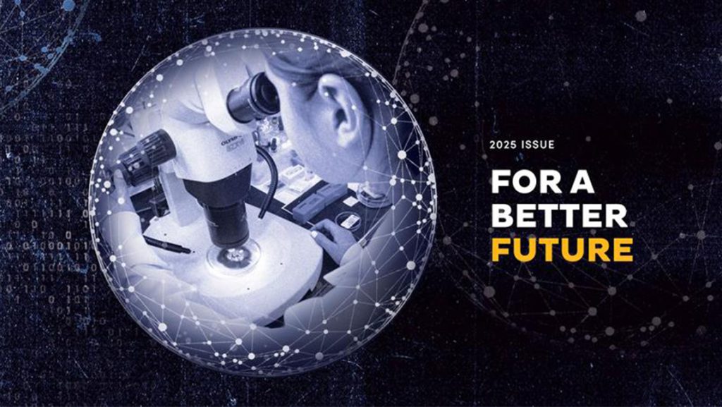 Cover of the UNCG 2025 Research Magazine shows someone looking through a microscope.