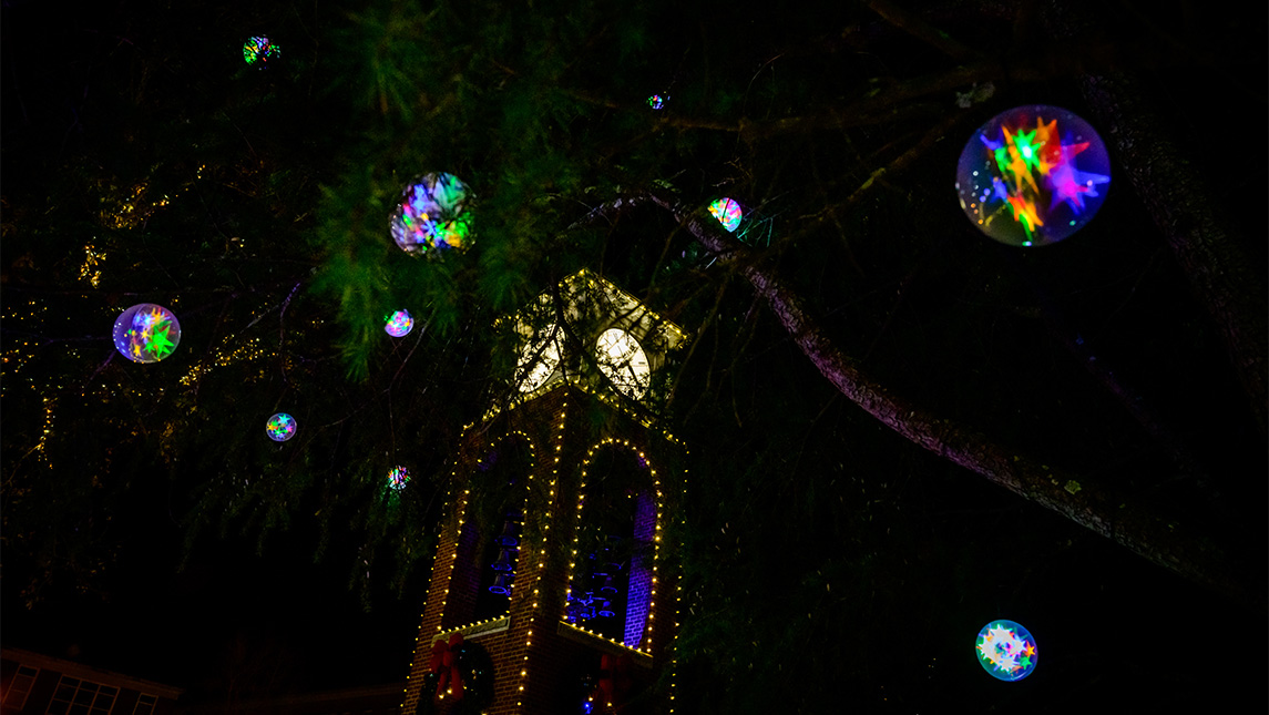Holiday lights strung up the UNCG Vacc Tower.