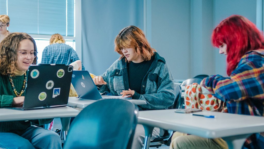 UNCG students look at their laptops.
