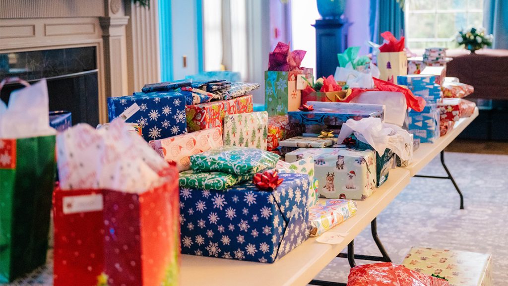Table of gifts inside UNCG Alumni House.