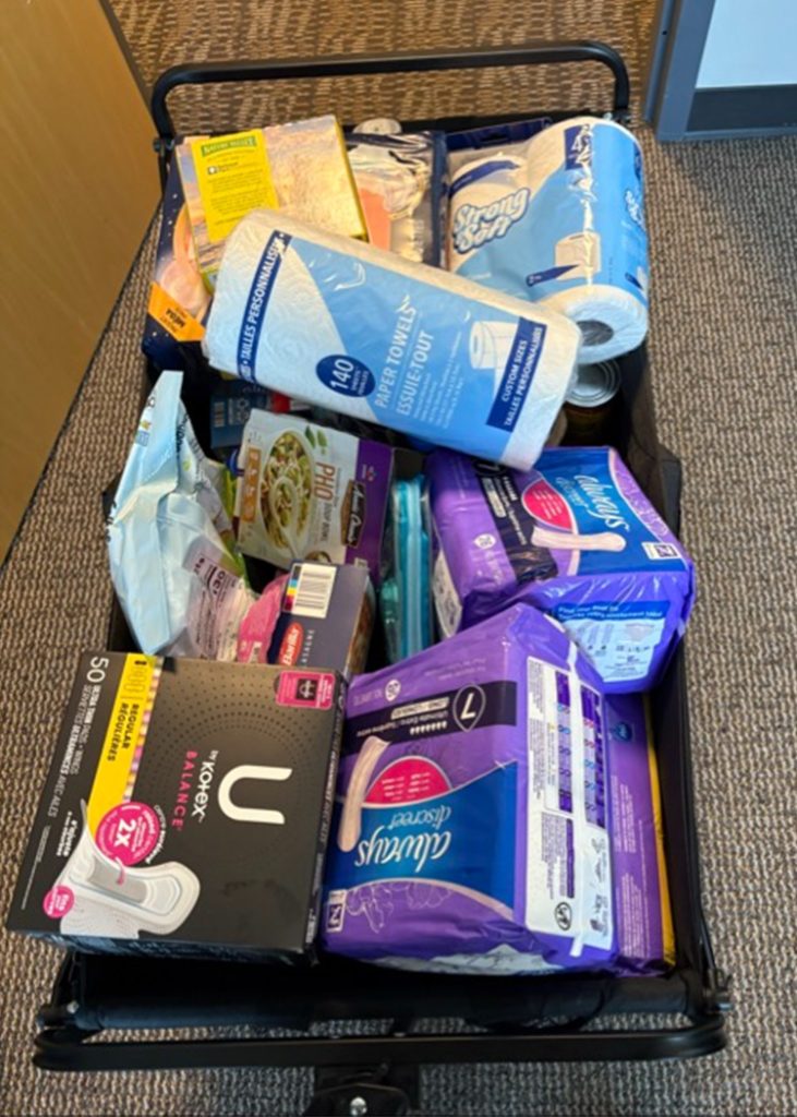 A box of cleaning and hygienic items.