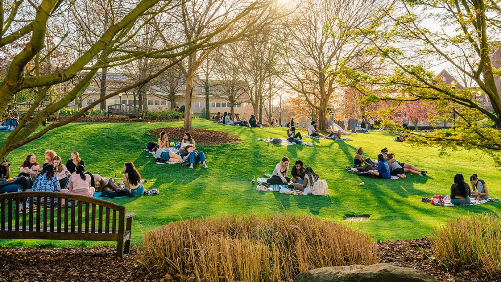 UNCG students sitting on picnic blankets all over the lawn.