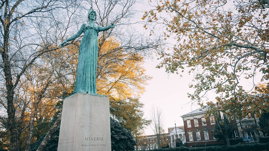 A dusting of snow over UNCG's Minerva statue.
