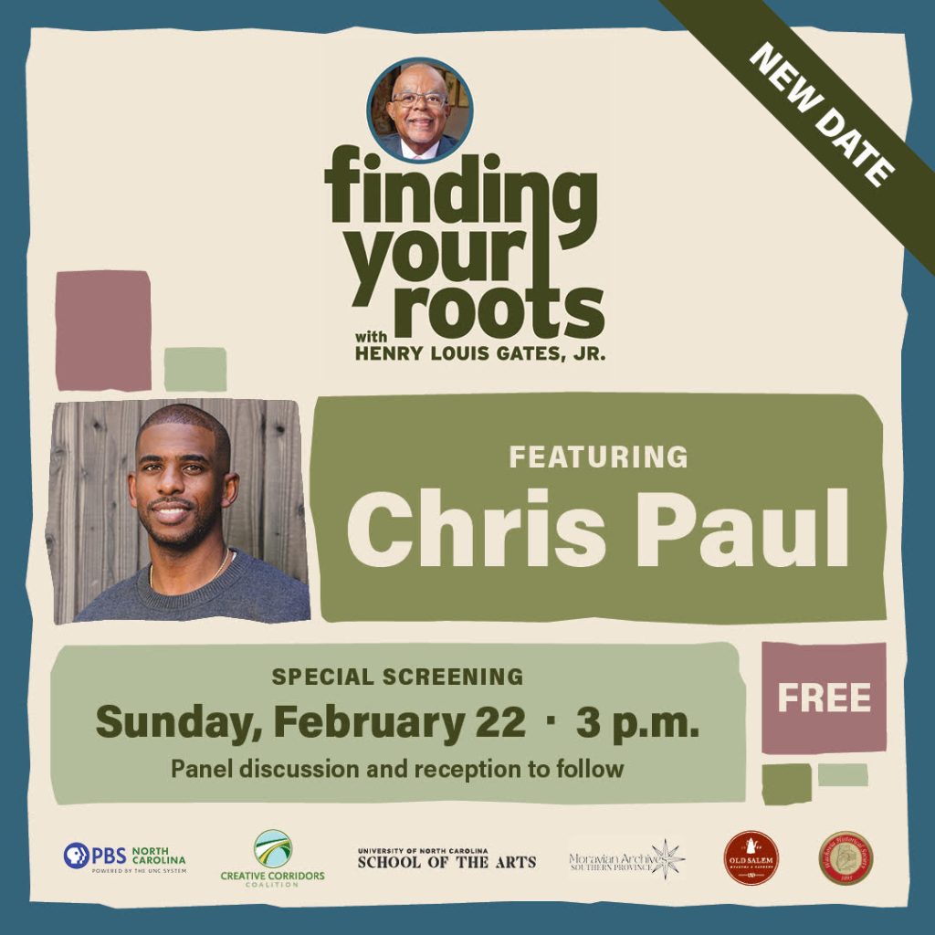 Poster for "Finding Your Roots" special screening on February 22 at 3 p.m. at UNC School of the Arts in Winston-Salem.