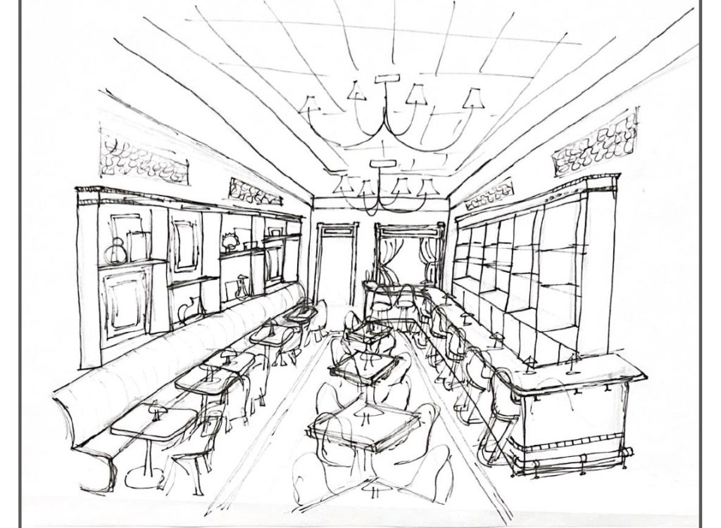 Restaurant interior sketch by UNCG alumnus Aaron Solar.