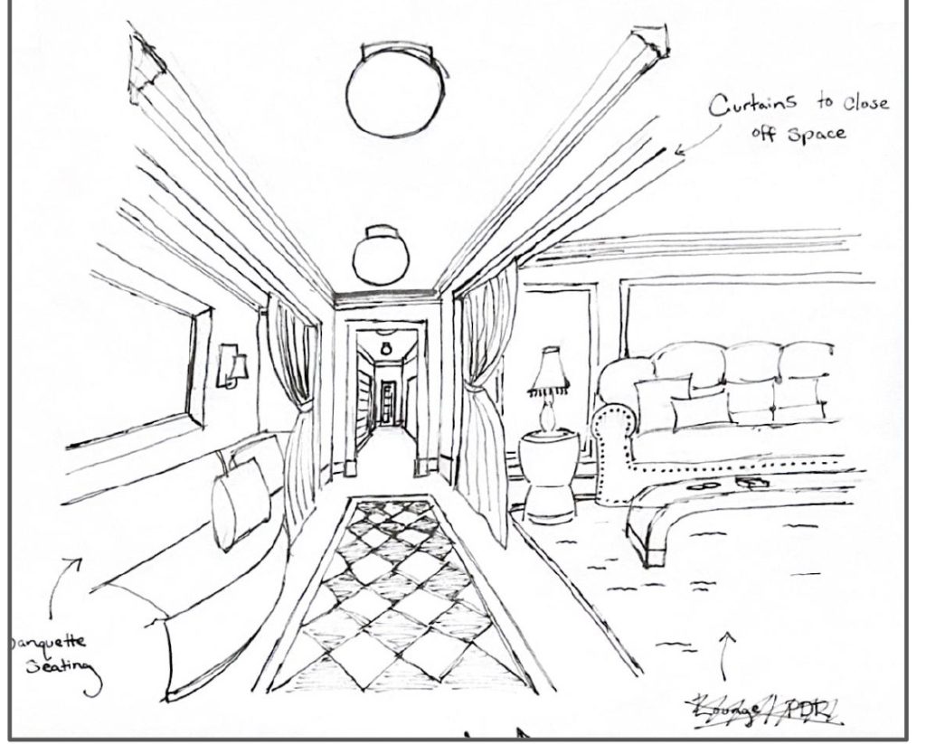 Restaurant interior sketch by UNCG alumnus Aaron Solar.