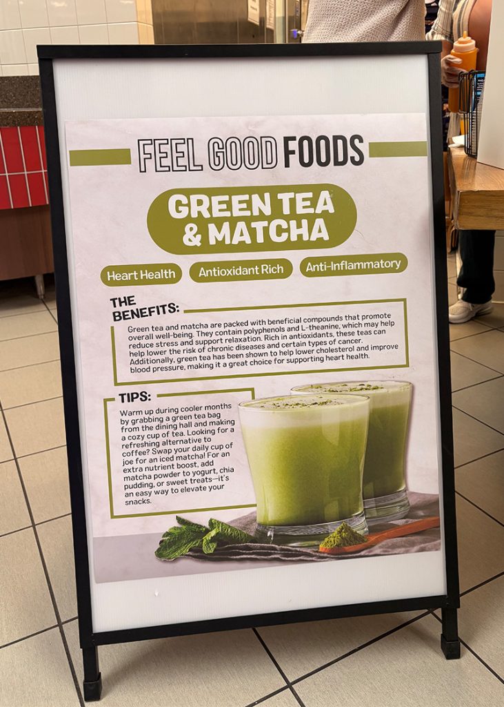 A sign about matcha nutritional facts.