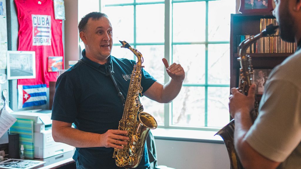 UNCG jazz instructor Chad Eby gives pointers.