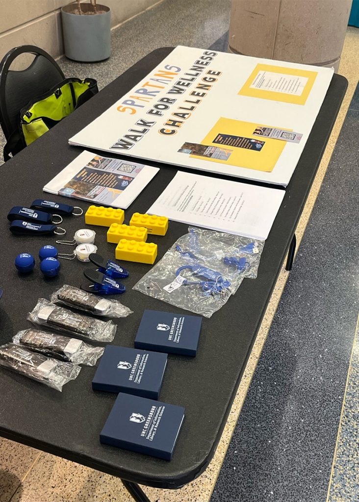 A poster board and other swag at UNCG.