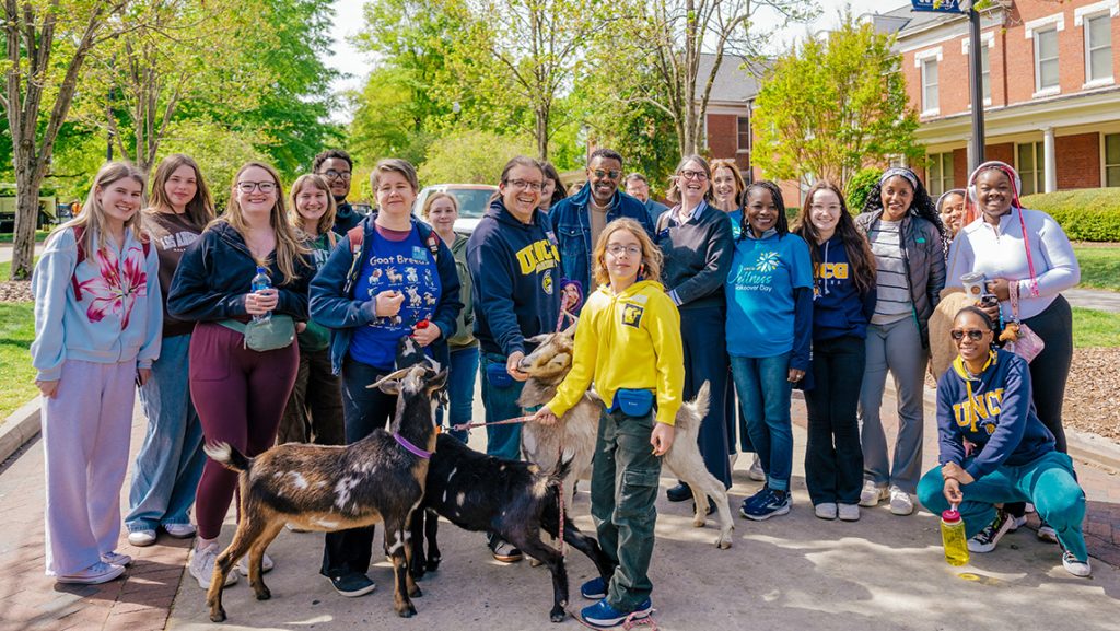 A mix of students, staff, faculty pose with the Chancellor and three goats on College Ave.