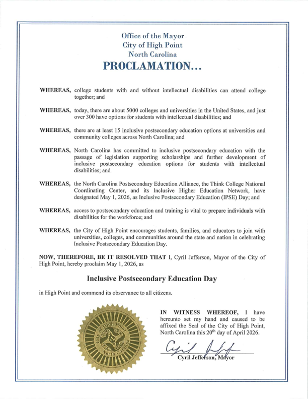 High Point proclamation recognizing IPSE Day on May 1