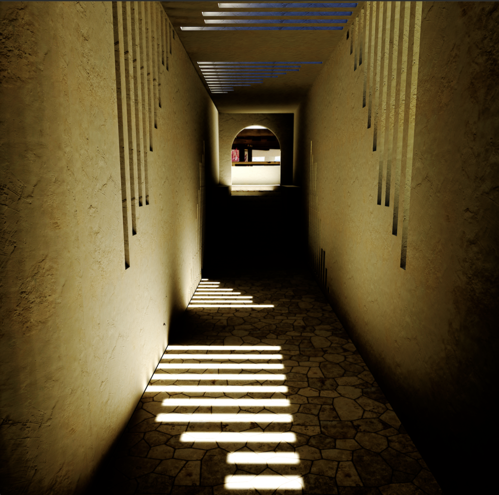 A design rendering of a entry hallway that utilizes natural light and shadows.