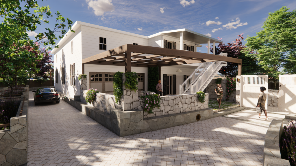 A design rendering showing a proposed carriage house at the Orange Hotel.