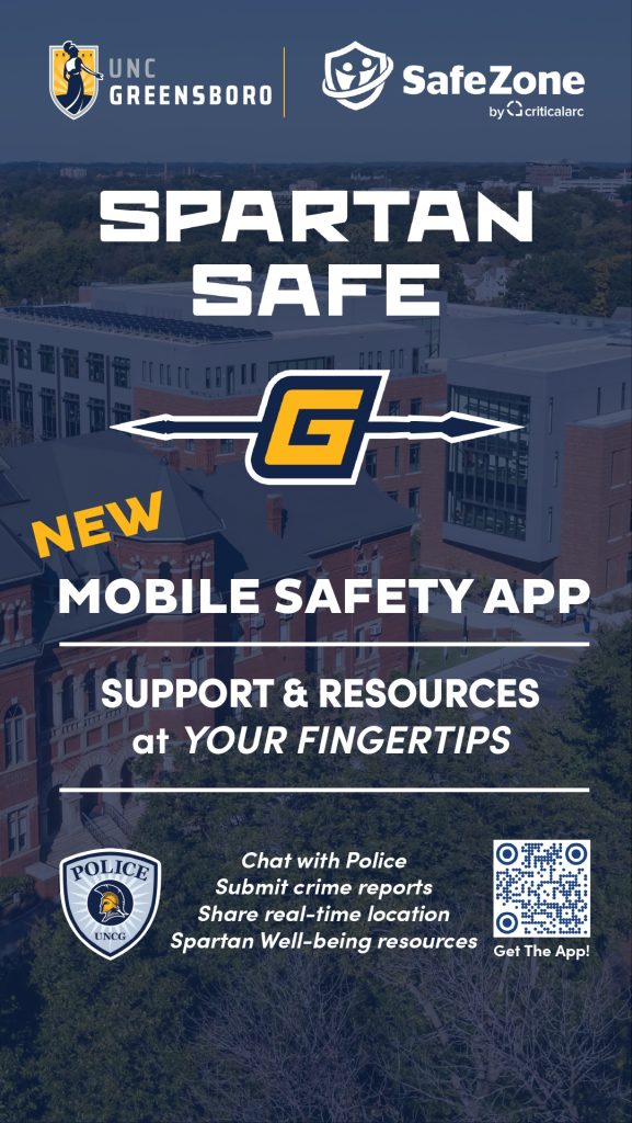 Flyer for the Spartan Safe app with spear logo and a QR code for downloading.
