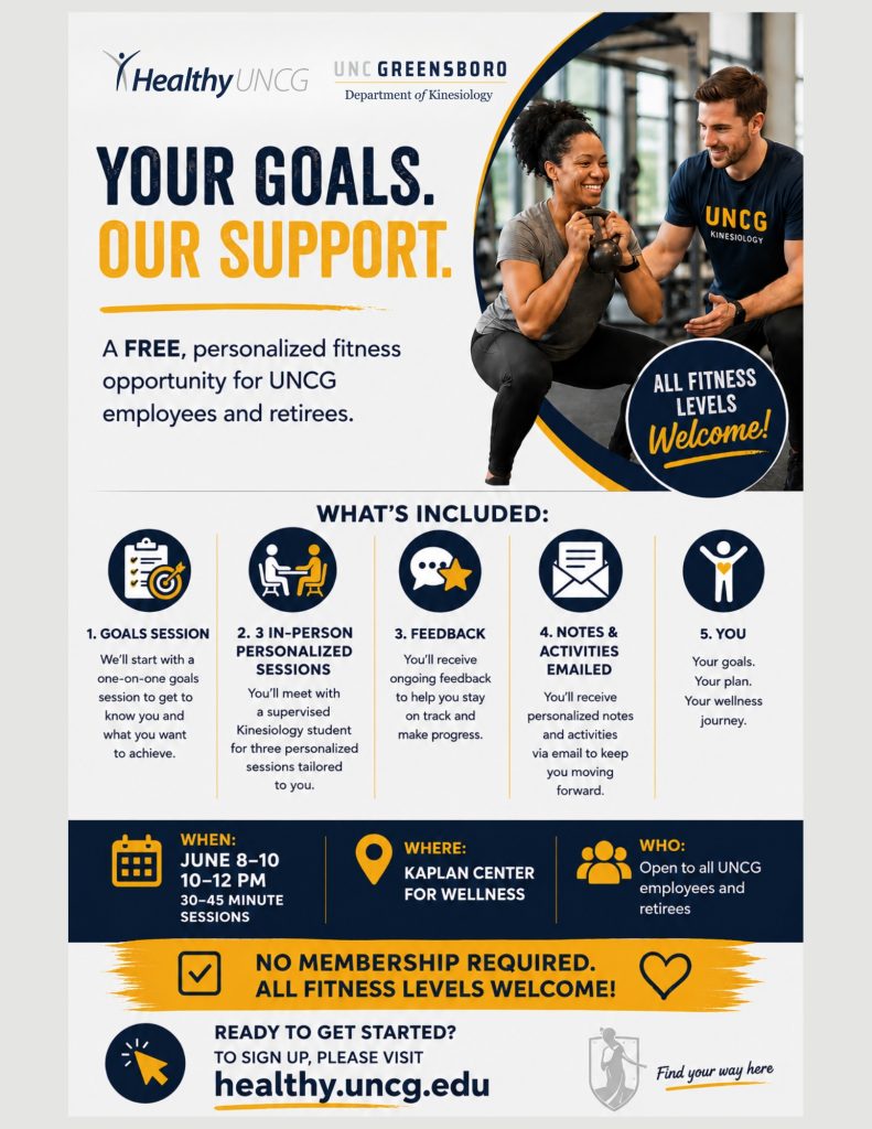 Flyer for personalized fitness sessions at UNCG on June 8 through 10.