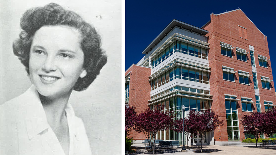 Black and white photo of Harriet Shain Evenson and the UNCG School of Education Building exterior.