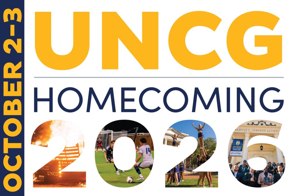 Scenes of Homecoming bonfire, soccer game, cheerleaders, and UNCG's Alumni House inside the numbers 2026.