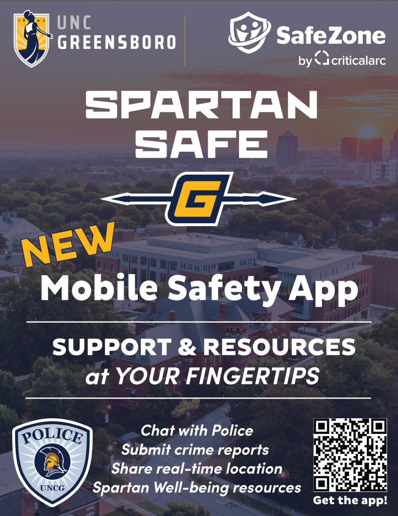 Flyer with QR code and UNCG police logos promoting Spartan Safe mobile app.