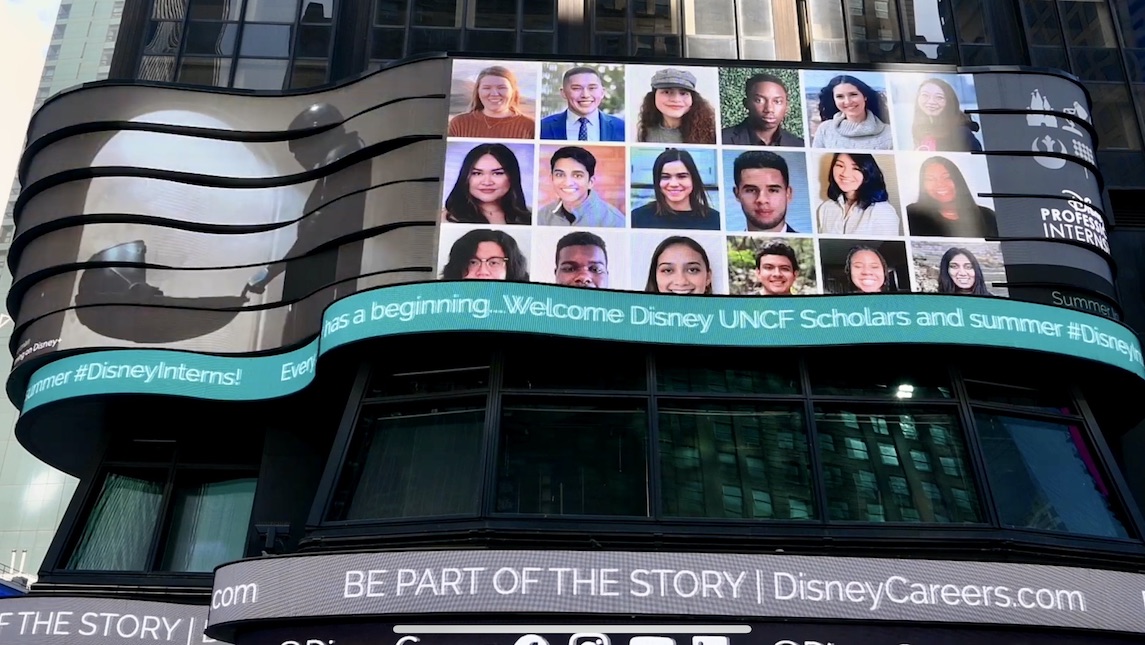 Disney headquarters welcomes UNCF scholarship recipients outside the building.