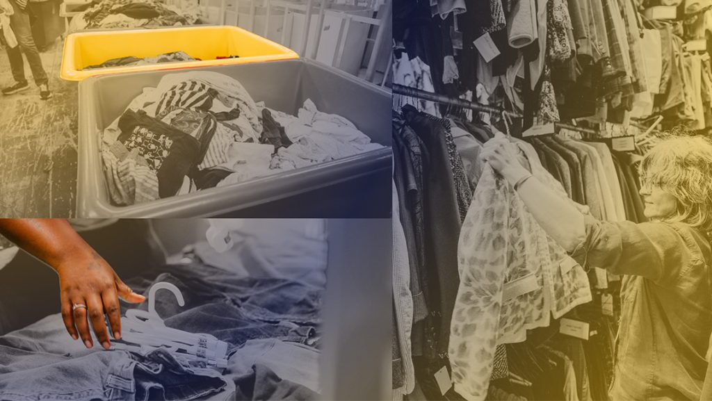 People picking out clothes from racks and bins.