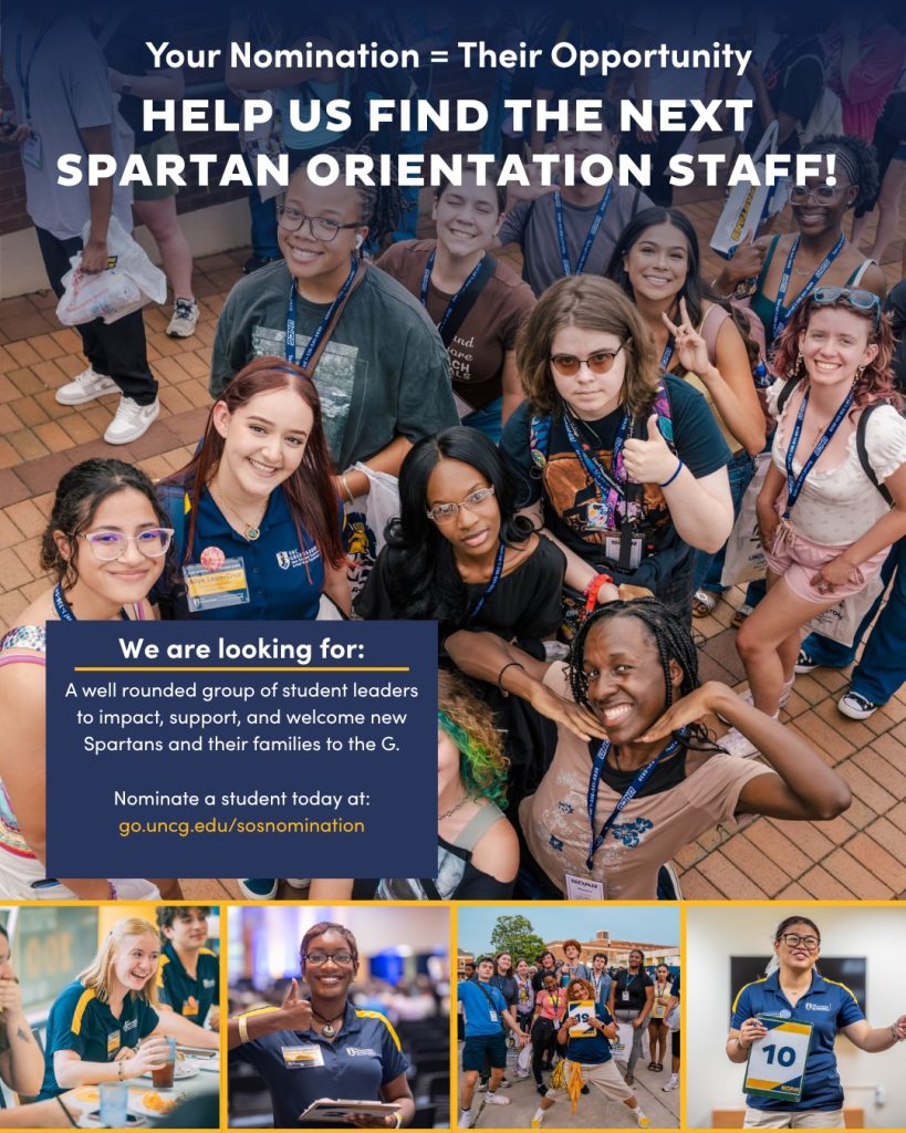 A poster with a group of students around an orientation leader.