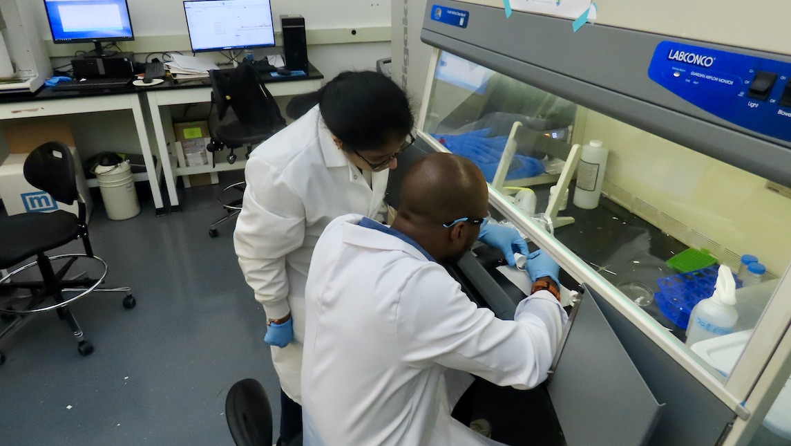 JSNN JSIRT's Dr. Shobha works with a student in lab.